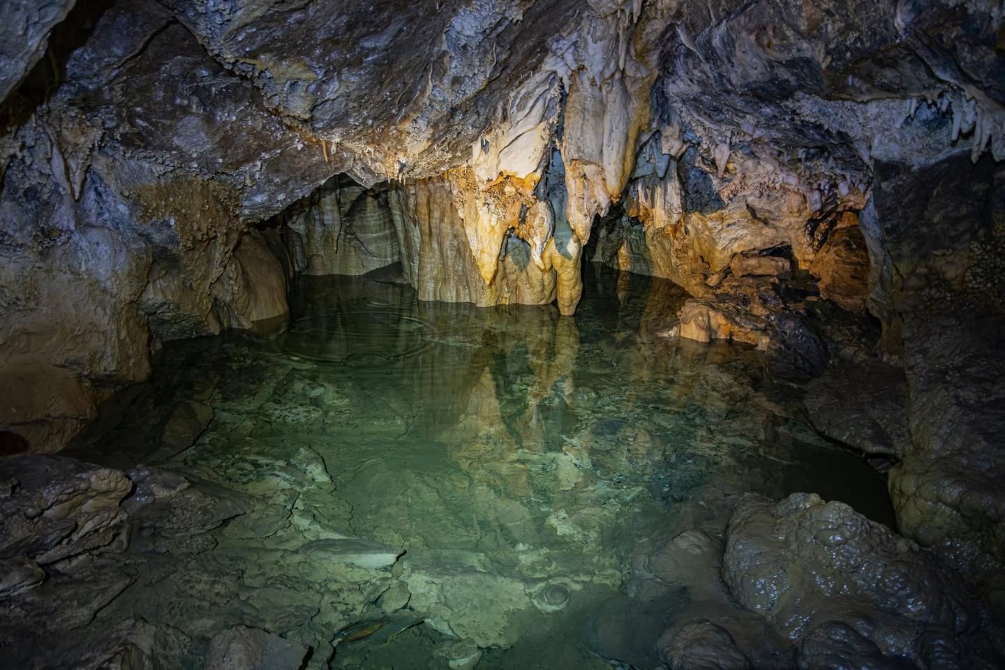 Cave interior with stalactites and reflecting water.
