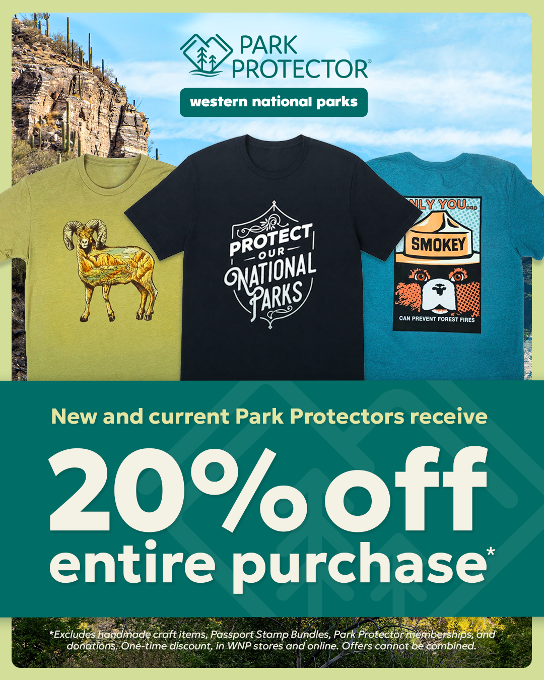 Three printed T-shirts with a desert landscape background.