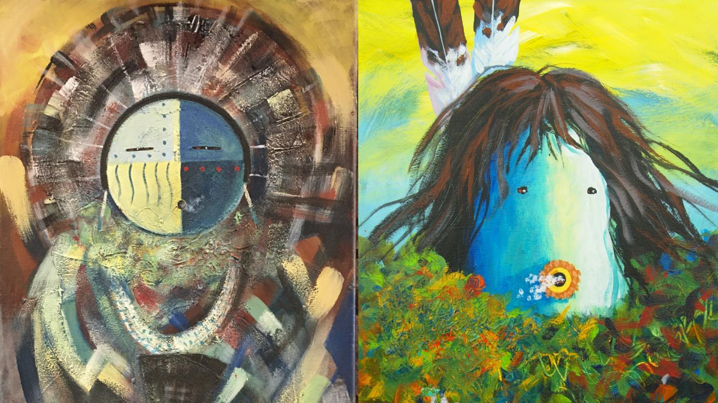 Two abstract paintings with circular and organic shapes, vibrant colors, and expressive strokes.
