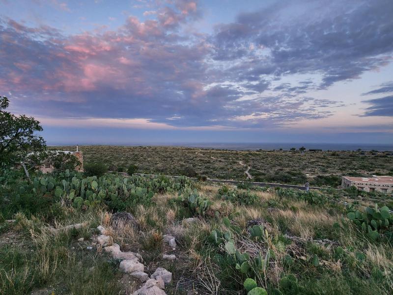 a photo of rocky desert landscape with lots of green vegetation. Dark blue and orange colored clouds