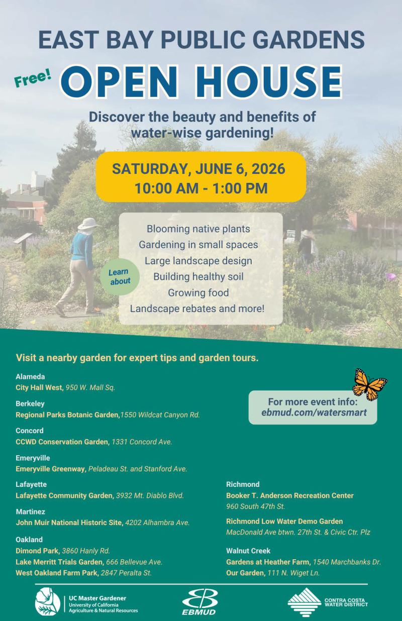 Flyer for the East Bay Public Gardens Open House, promoting a free June 6, 2026 event featuring wate