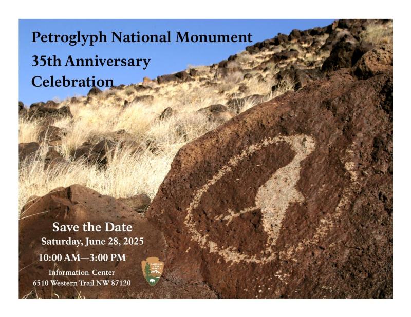 Picture of a petroglyph of a bird on a brown boulder advertising an event.
