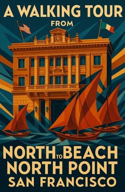 an illustrated graphic of the Fugazzi building in San Francisco with stylized sailing ships below