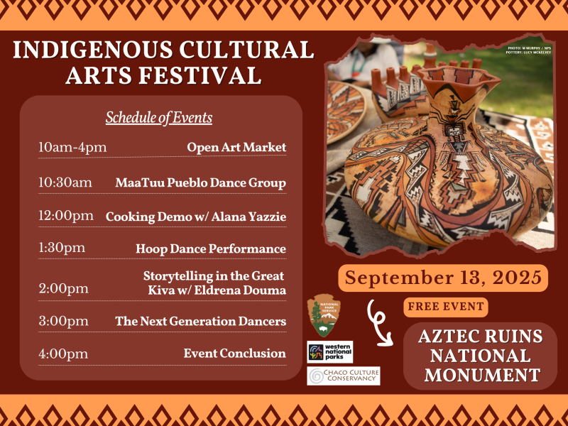A promotional poster for the Indigenous Cultural Arts Festival detailing the schedule of the day.