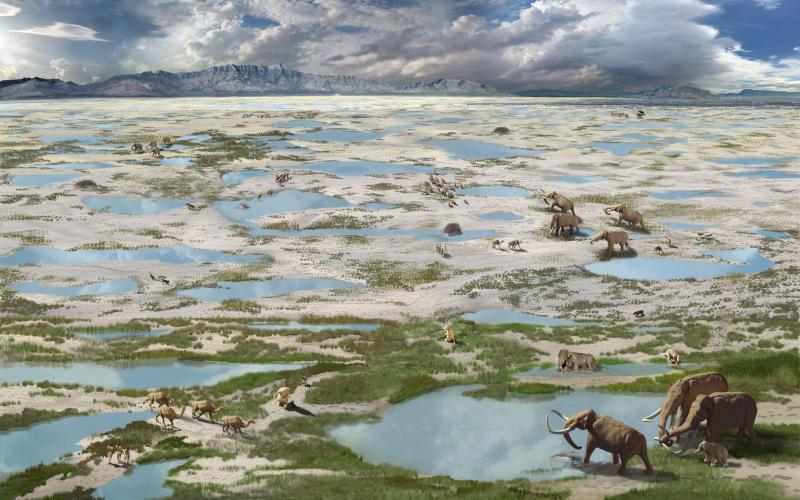 Ice age scene of basin filled with ponds and grasses dotted with ancient animals