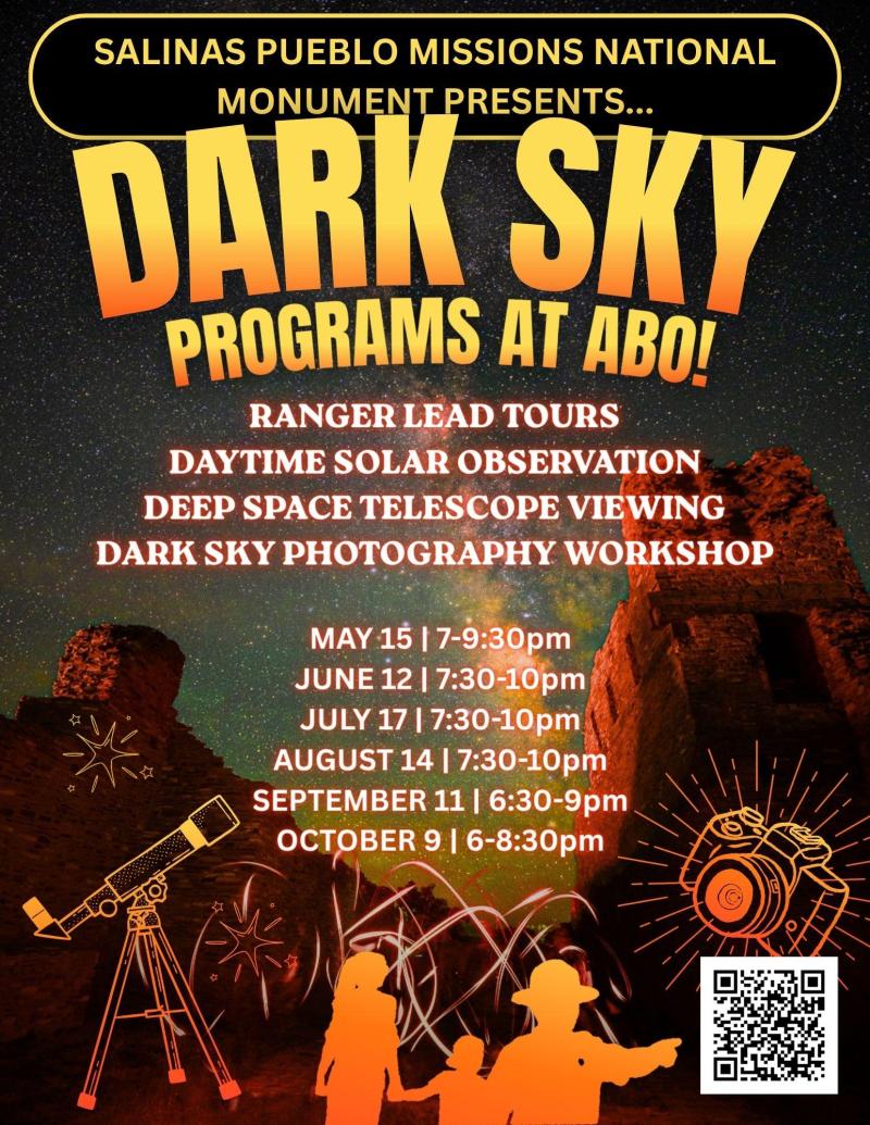 Night sky over rocky landscape with event details for Salinas Pueblo Missions' Dark Sky programs.