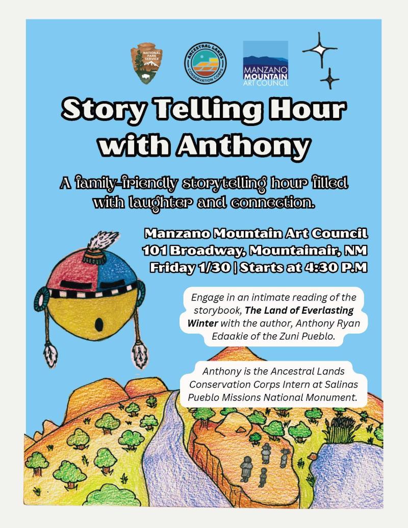 flier with title story telling hour with Anthony with associated illustrations