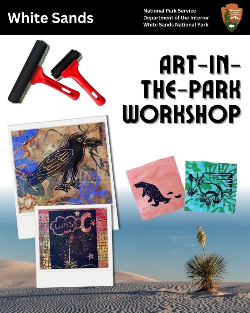 A poster with the words "Art-in-the-Park Workshop" with pictures of ink rollers and artwork.