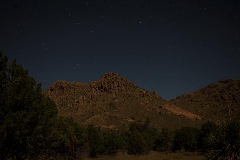 Night sky filled with stars above a dark silhouette of trees and a mountain.