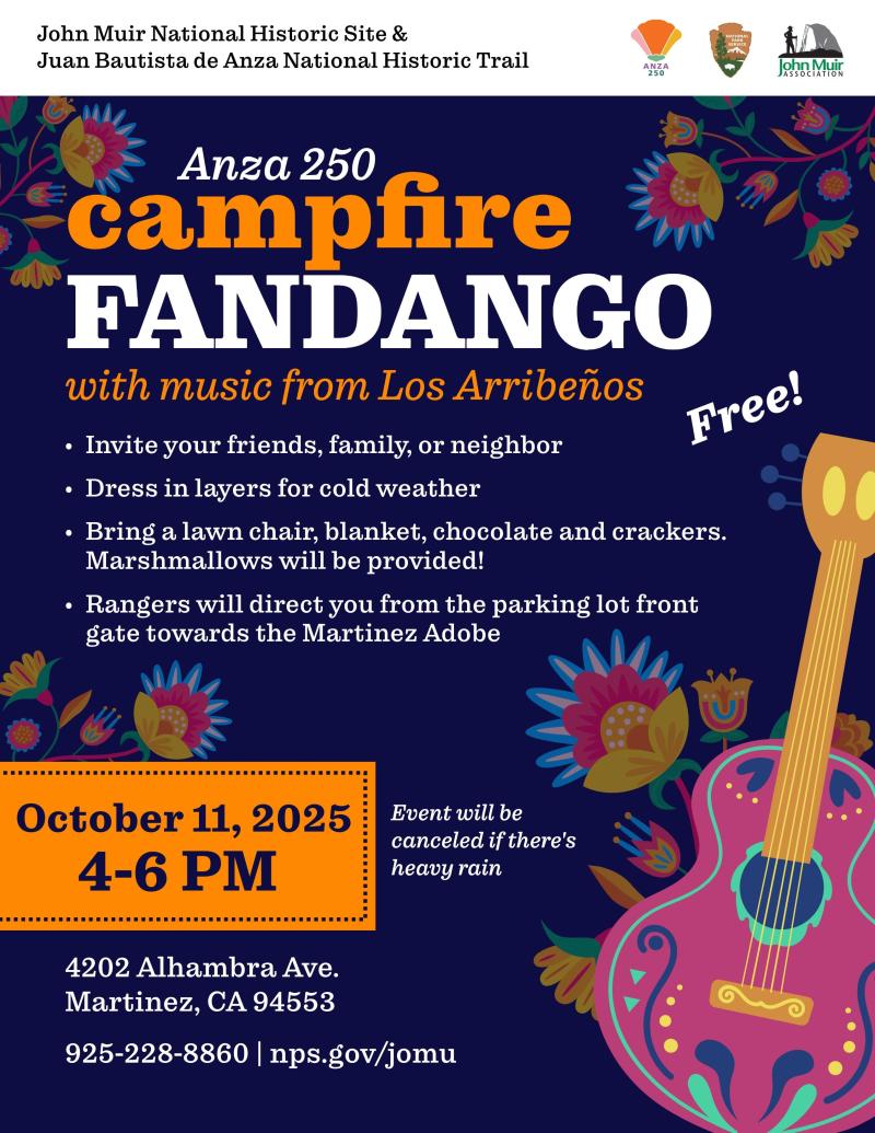 Anza 250 campfire fandango flyer with an image of a guitar and colorful flowers.