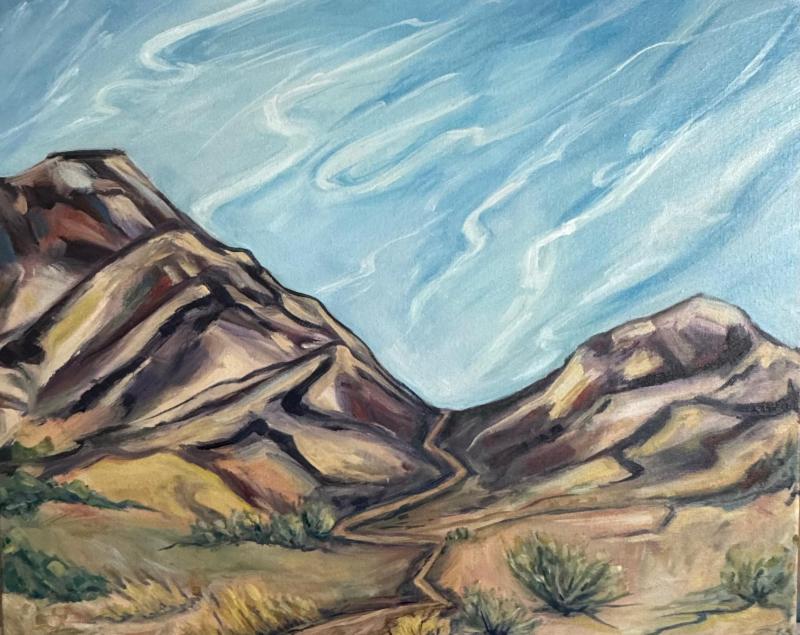 Painting of a volcano and a trail.