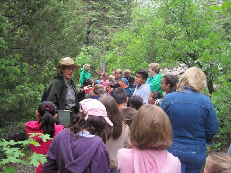 A park ranger is surrounded by curious visitors on a forested trail.