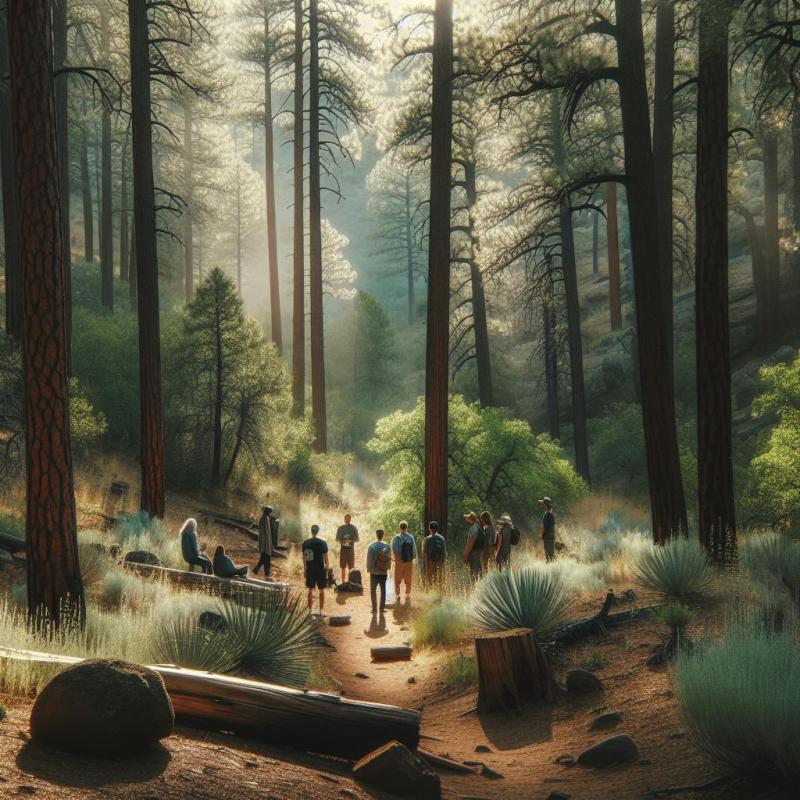 A peaceful pine forest digital painting with light filtering through the trees onto a rocky path.