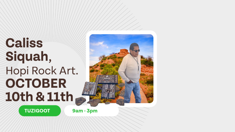 Carliss stands in front of Tuzigoot Pueblo with a sample of his work floating across the graphic