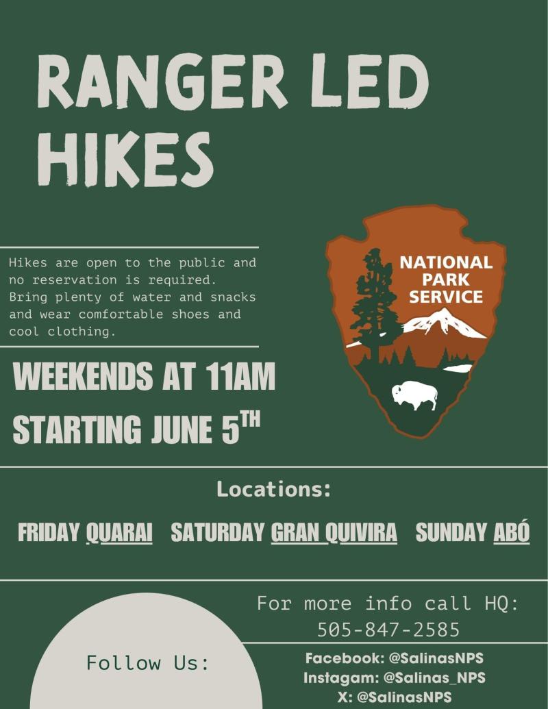 Park flyer promoting ranger-led hikes, featuring scenic trails and nature opportunities.