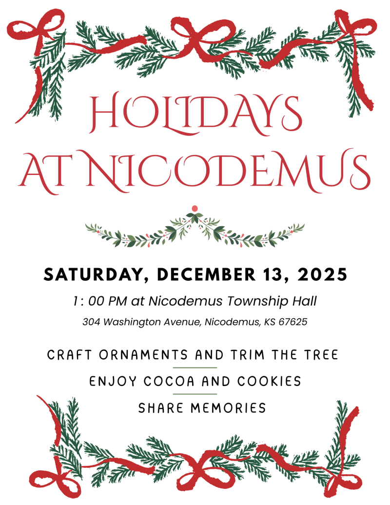 Flyer with evergreen and red-ribboned garland graphic on the top, middle, and bottom of the page.
