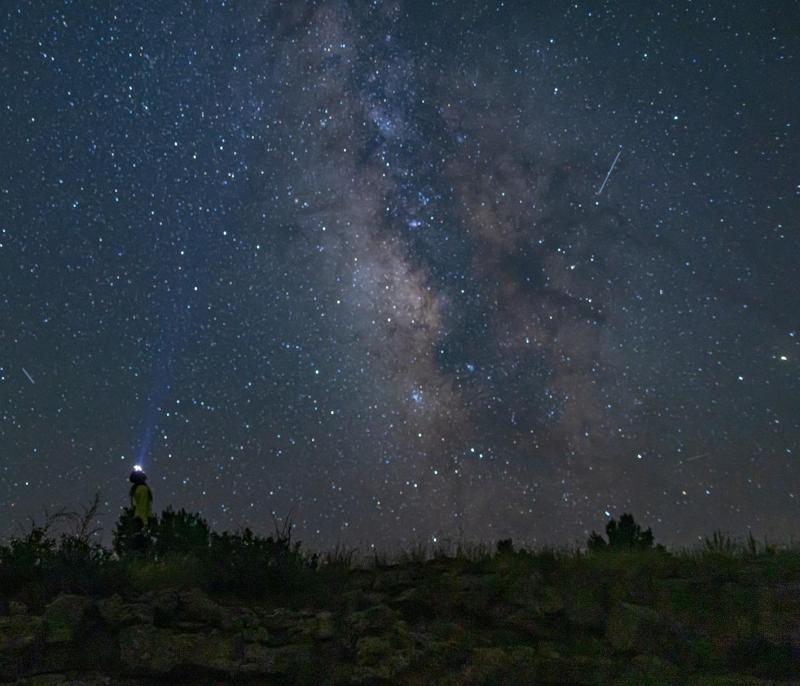 A sky full of stars and the milky way. A silhouette of person gazes up at the sky.