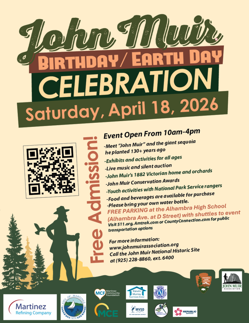 A silhouette of john muir with a bird and pine trees around him.