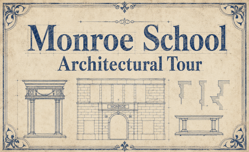 A stylized image of architectural designs and the words "Monroe School Architecture Tour".