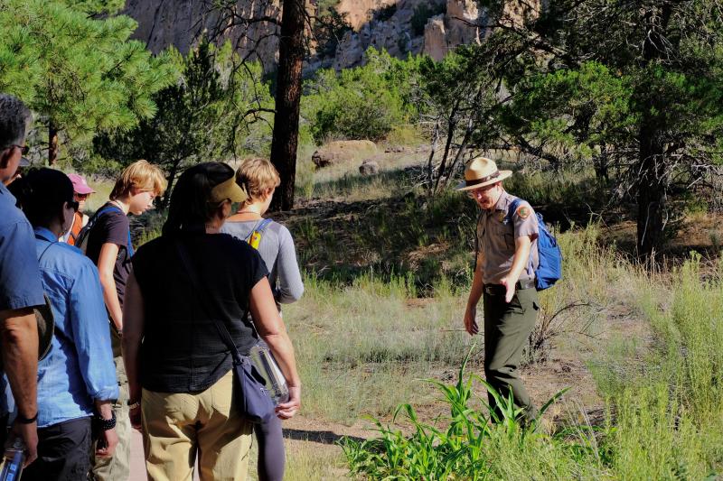A ranger gestures at growing corn stalks in front of a group of people in a forested canyon.