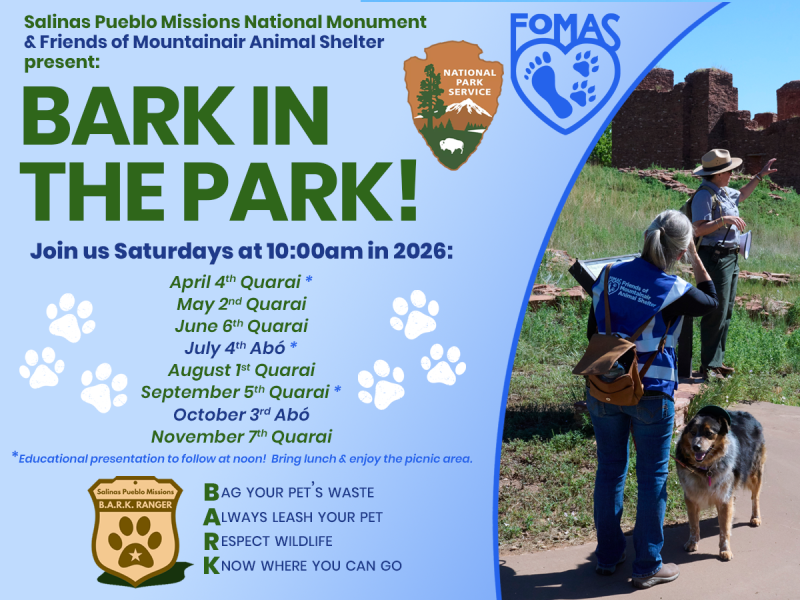 A park event flier with dates and times. A ranger, volunteer, and a dog are depicted.