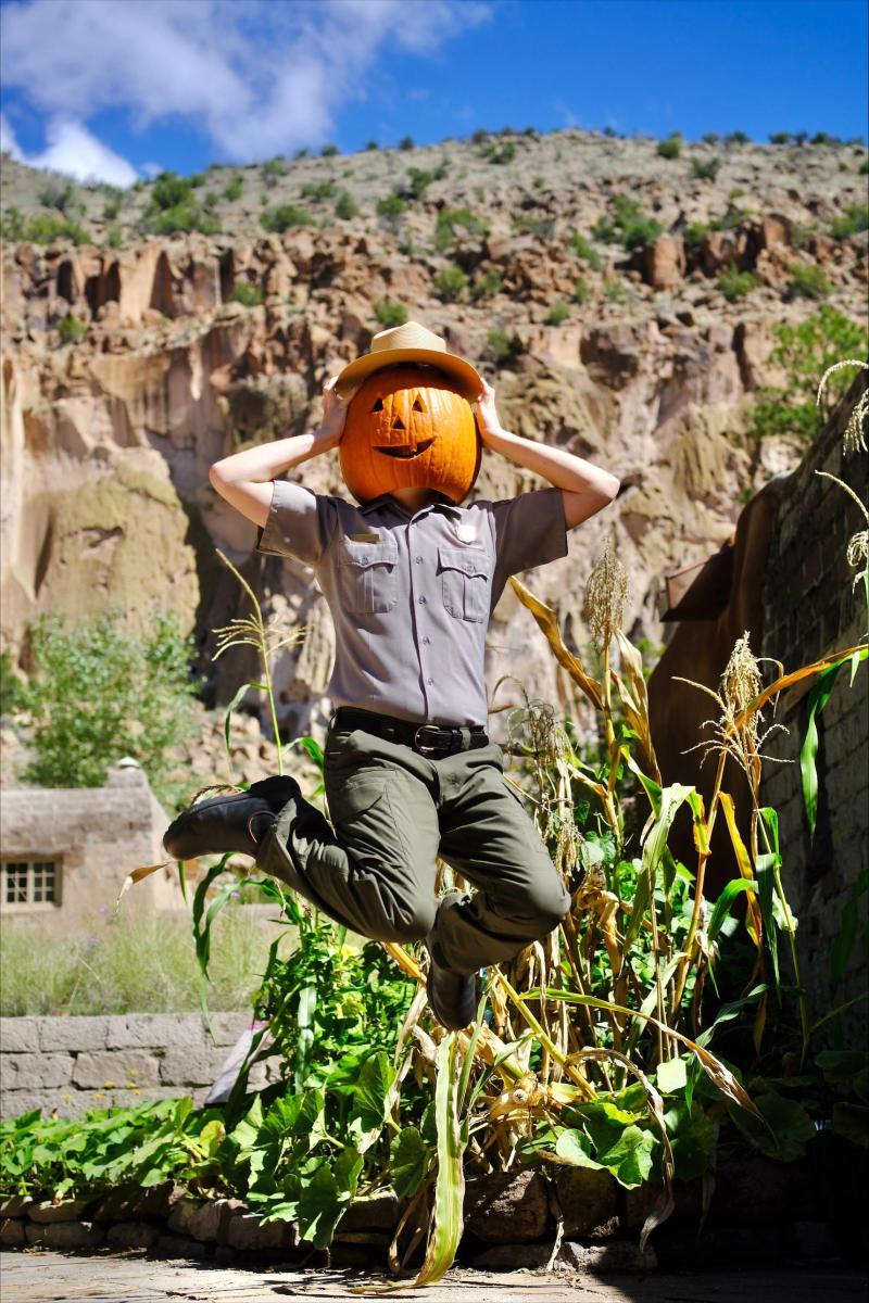 A uniformed ranger wearing a pumpkin head, jumps in front of corn, and cavates in the background