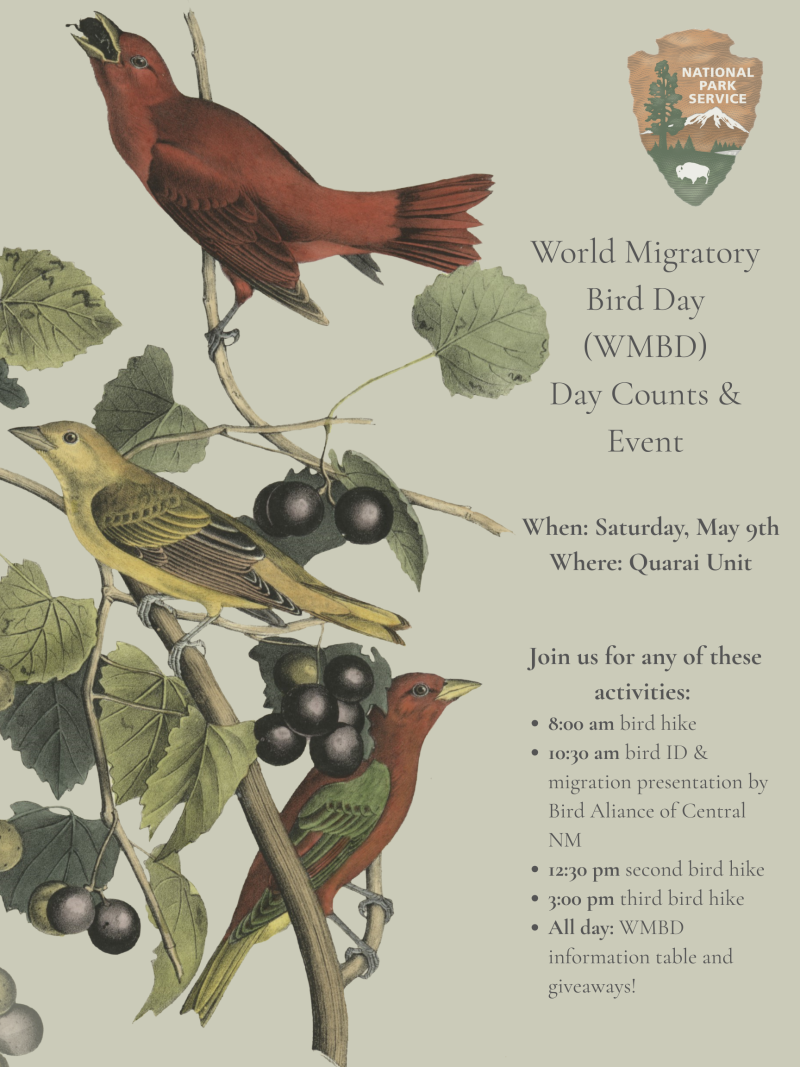 Two red birds and one yellow bird eating berries. The park service logo and event text are present.