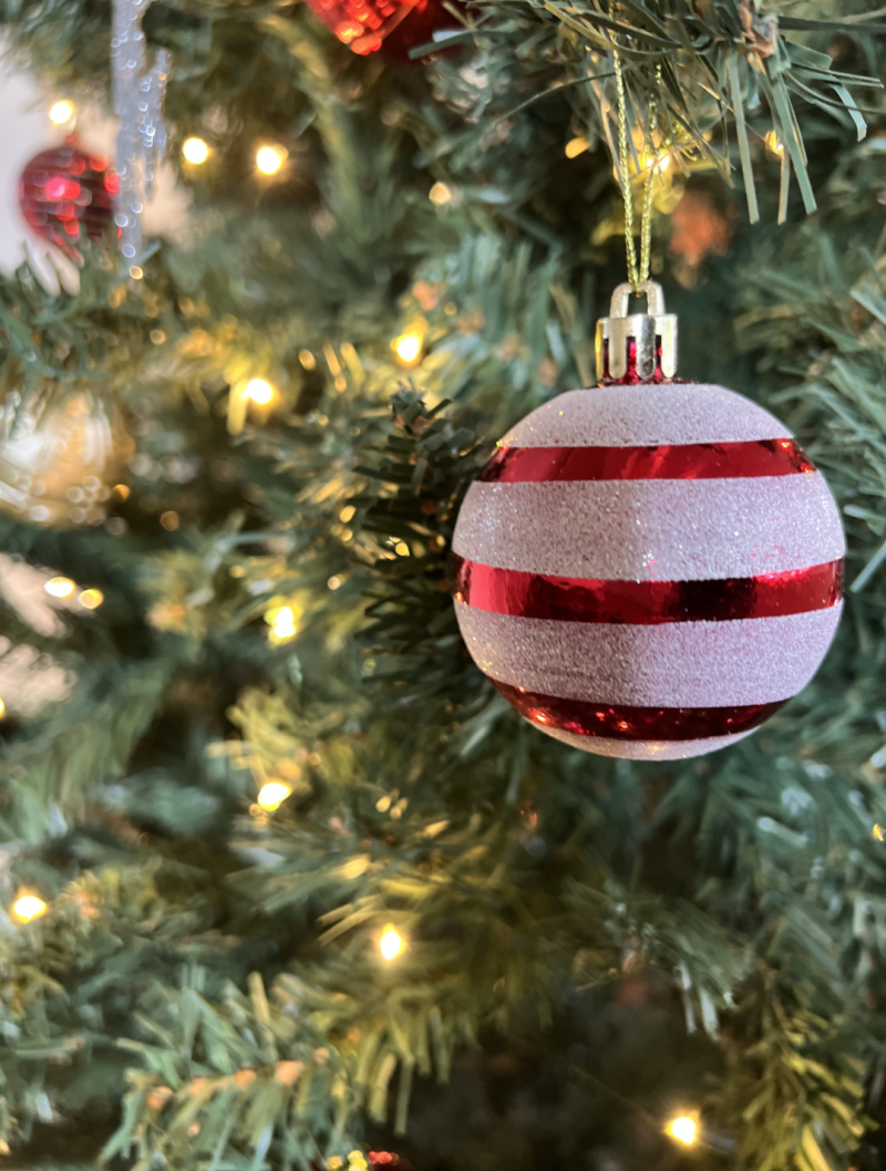 A red and white striped ornament hangs on a holiday tree branch.