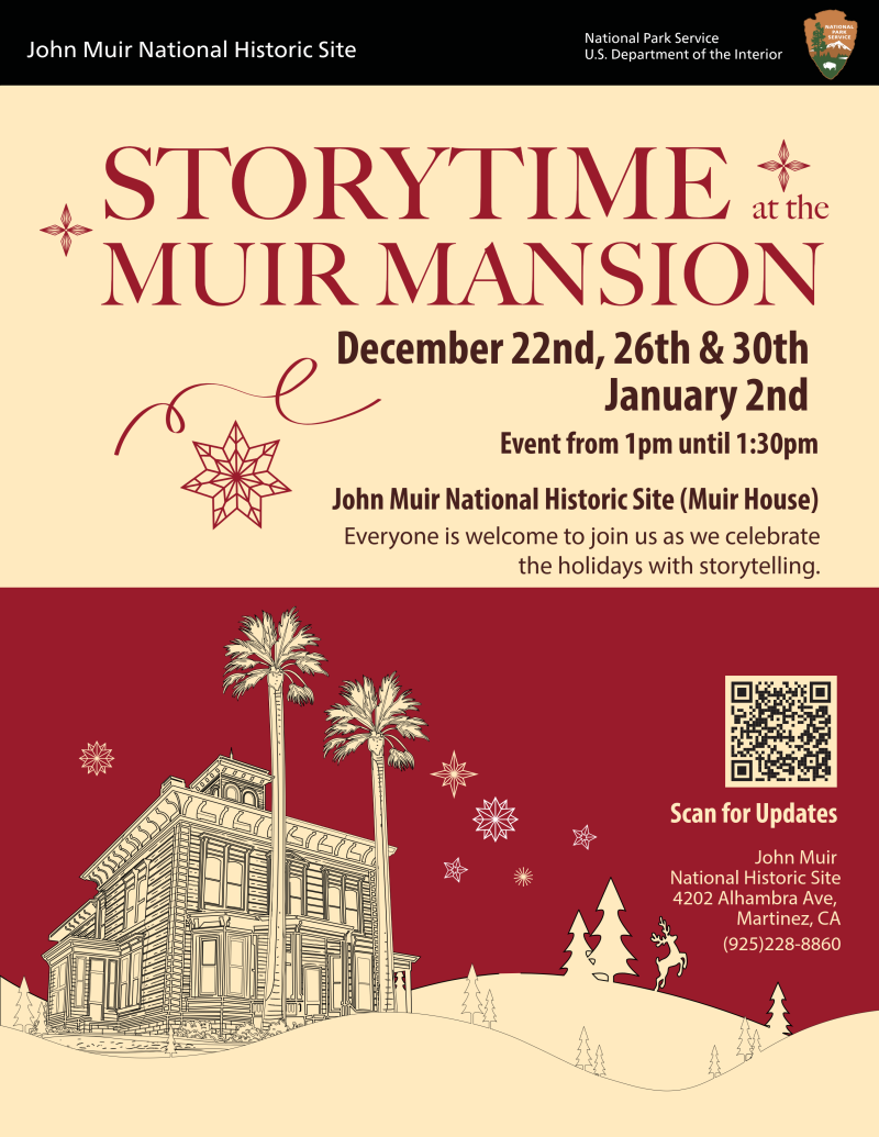 A flyer with illustrations of the Muir house and snowflakes. Contains the title "Storytime at the Mu