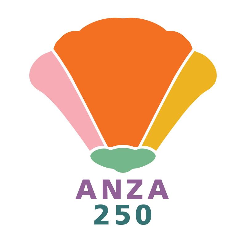 A logo for Anza 250 showing a stylized poppy flower in yellow, orange, pink and green.