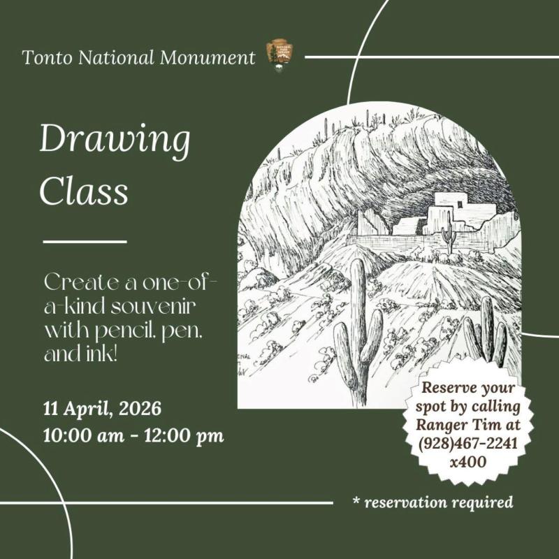 a pen drawing of the lower cliff dwellings at tonto national monument.