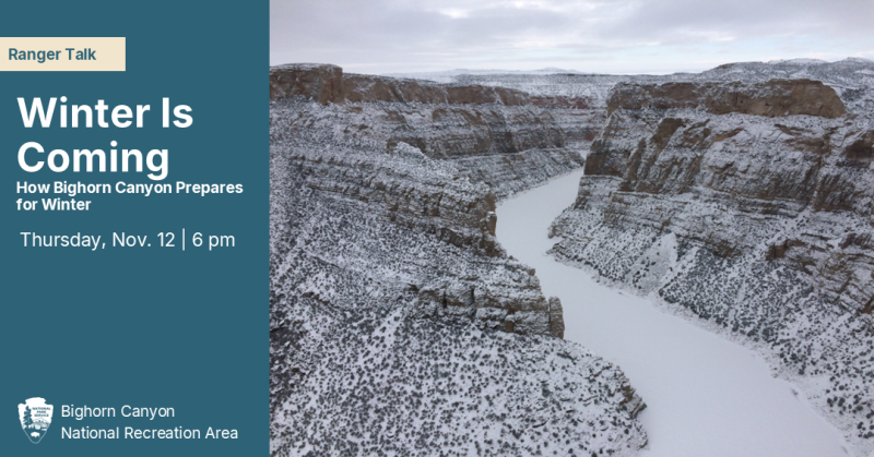 Snow-covered Bighorn Canyon winding through rugged cliffs under a cloudy winter sky.