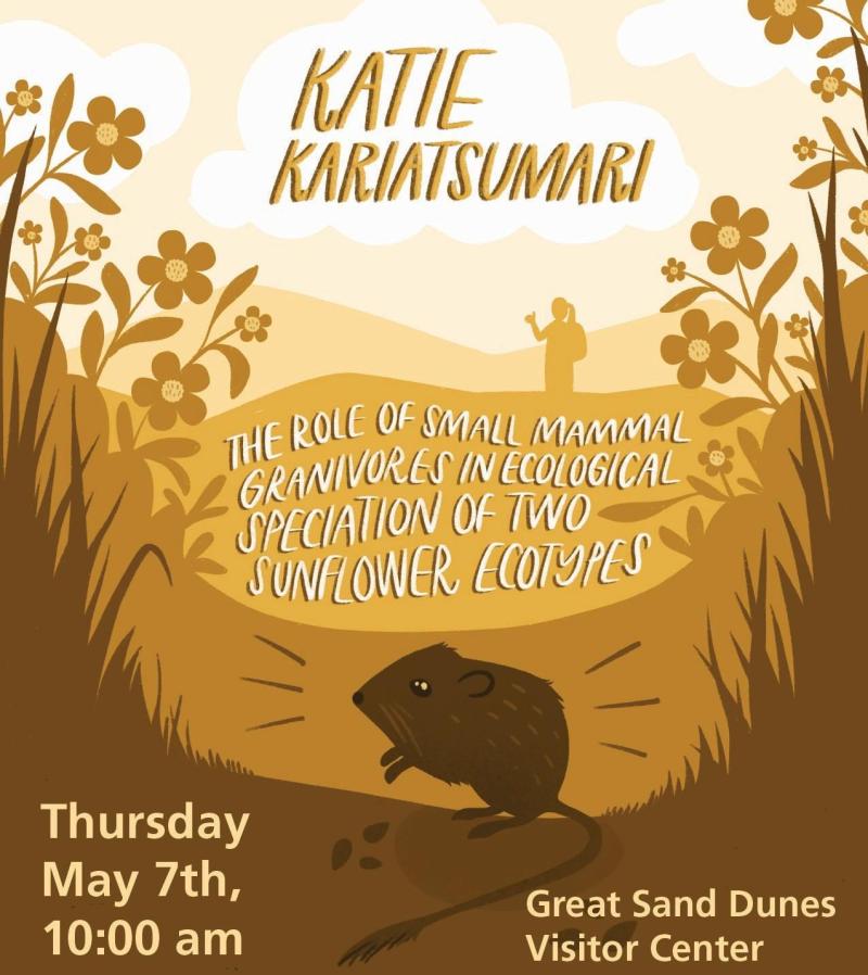 Illustration of kangaroo rat, grasses and sunflowers with text "Katie Kariatsumari"