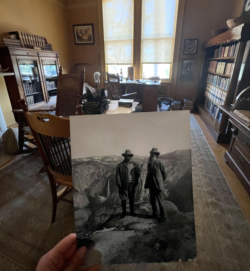 Muir’s Scribble Den in his Martinez home. The photograph held is of Teddy Roosevelt and John Muir at Yosemite on their camping trip in 1903. Photo credit: Celeste Rios, NPS