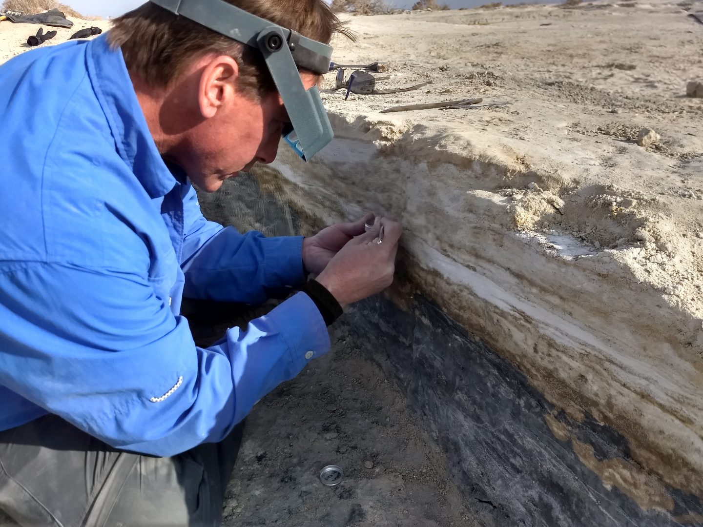 Jeff Pigati, a geologist with the U.S. Geological Survey, picks at one of the sedimentary layers in the trench to more closely examine the seeds found in the layer.